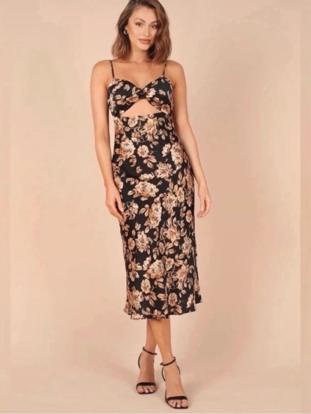 Petal & Pup Floral Cutout Midi Dress in Black and Beige